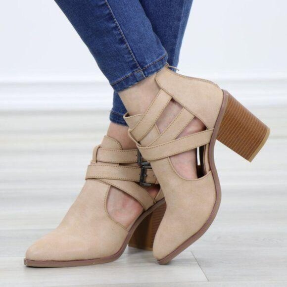 Ankle Boot Block Heel Buckle Straps Pointed Toe Sleek Cutout Back Zipper Taupe - Picture 2 of 11